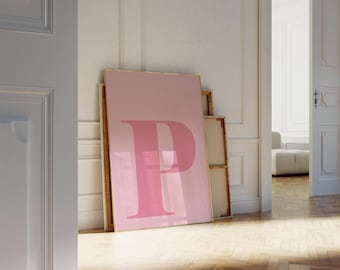 Pink Letter P Wall Art – Blush Background Initial Print, Modern Room Decor