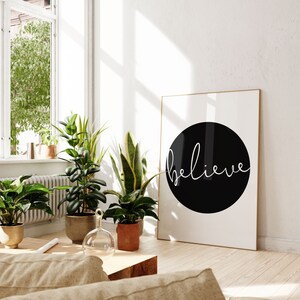 Believe Poster Print Yoga Wall Art One Word Signs Yoga Studio Decor Black and White Quote Print Script Print image 6