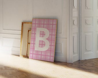 Letter B Printable – Pink Gingham Monogram Wall Art for College Dorm, Preppy Room, or Girls Bedroom
