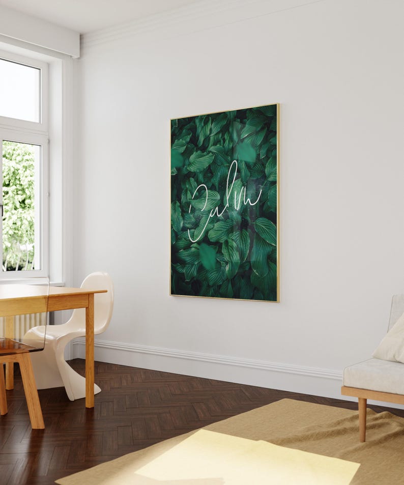 Calm Wall Art - Yoga Poster - Green Leaf Artwork - Positive Prints - One Word Poster - Dark Green Art - Jungle Wall Art - Botanical Artwork image 6