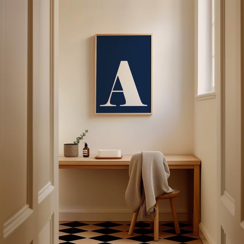 Buchstabe A Poster, Jungendruck, Studentenwohnheim Kunst, druckbare Initiale, Buchstaben für Kinderzimmer, trendiges Studentenwohnheim, adrette Wandkunst, A-Initiale, Marine Bild 4