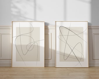 Set van twee prints - minimale tekening - minimalistische lijntekeningen - doorlopende lijntekening muurkunst - set van 2 abstracte prints - beige artwork