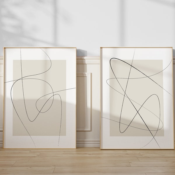 Set mit zwei Drucken - Minimale Zeichnung - Minimalistische Linie Kunst - Kontinuierliche Linienzeichnung Wandkunst - 2er-Set Abstrakte Drucke - Beige Kunstwerk