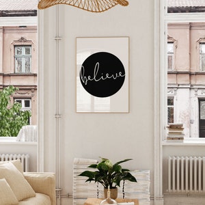 Believe Poster Print Yoga Wall Art One Word Signs Yoga Studio Decor Black and White Quote Print Script Print image 5