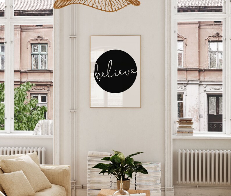 Believe Poster Print Yoga Wall Art One Word Signs Yoga Studio Decor Black and White Quote Print Script Print image 5