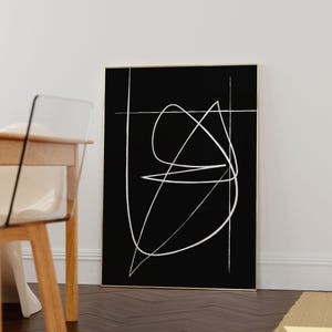 Abstract Minimal Line Drawing, Continuous Line Print, Black Monochrome Wall Art image 2