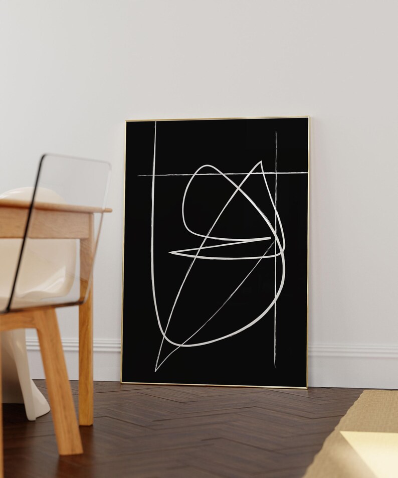 Abstract Minimal Line Drawing, Continuous Line Print, Black Monochrome Wall Art image 2