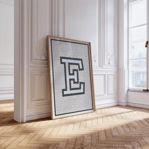 Könnte beinhalten: Ein gerahmtes Kunstwerk mit dem Buchstaben "E" in einem geometrischen Design. Der Buchstabe ist hellblau mit schwarzer Umrandung, vor einem Hintergrund aus weißen und schwarzen sechseckigen Fliesen. Der Rahmen ist hellbraun, und das Kunstwerk lehnt an einer weißen Wand.