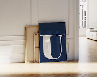 Letter U Print | Navy Blue White Initial Wall Art, Preppy Dorm Decor, Collegiate Digital Download