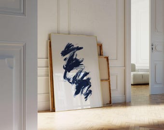Navy Blue Abstract Art Print, Modern Minimalist Painting (Digital Download)