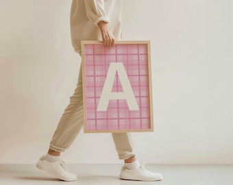 Letter A Printable – Pink Gingham Initial Wall Art for Dorm, Teen Girl Room, or Nursery