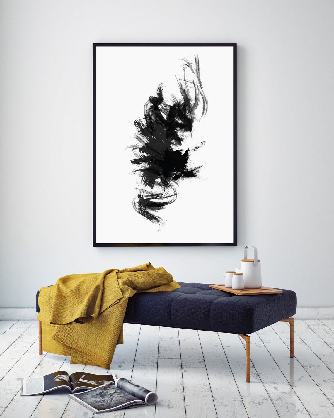 Black and White Art Brush Strokes Abstract Gallery Wall Large Artwork ...