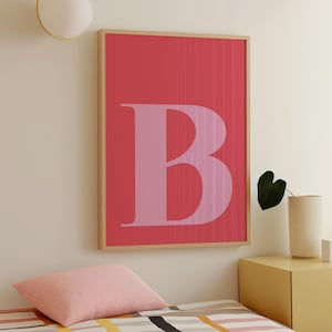 Arte mural rosa intenso, póster con la letra B, decoración de habitación preppy, arte mural rosa ruborizado, decoración de dormitorio, decoración de habitación de adolescente, inicial, arte mural femenino