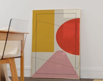 Mid-Century Geometrischer Kunstdruck: Retro Abstrakte Formen, Gelb Rot Rosa Moderne Wand-Dekor, Digital