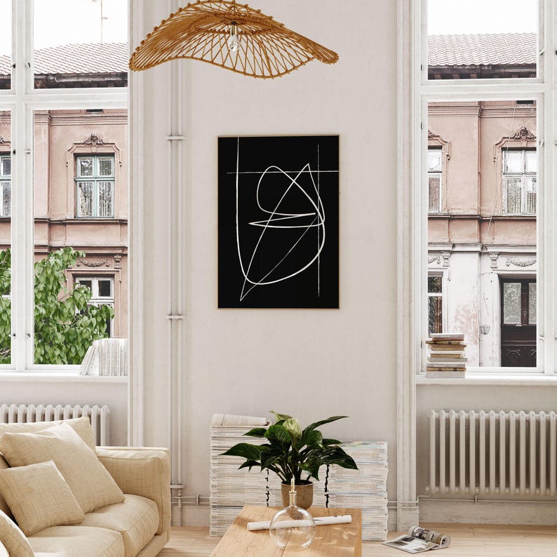 Abstract Minimal Line Drawing, Continuous Line Print, Black Monochrome Wall Art image 5