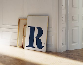 Lámina con la letra R en azul marino y blanco, decoración de pared con iniciales para dormitorios universitarios (descarga digital)