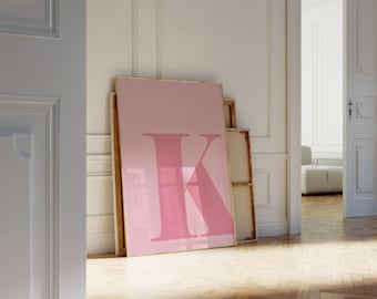 Letter K-poster, preppy kamerdecor, K-initiaal muurkunst, schattig appartementdecor, decor studentenkamer, blush roze kunst, badkamerinrichting, tienermeisje