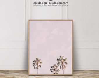 Palmbomen poster - roze tropische print - kustfotografie - roze pastel kunst aan de muur - strand decor Australië - blush roze muur decor