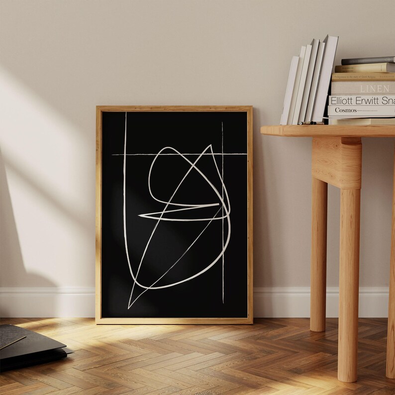 Abstract Minimal Line Drawing, Continuous Line Print, Black Monochrome Wall Art image 3