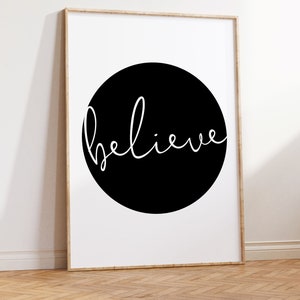 Believe Poster Print Yoga Wall Art One Word Signs Yoga Studio Decor Black and White Quote Print Script Print image 4