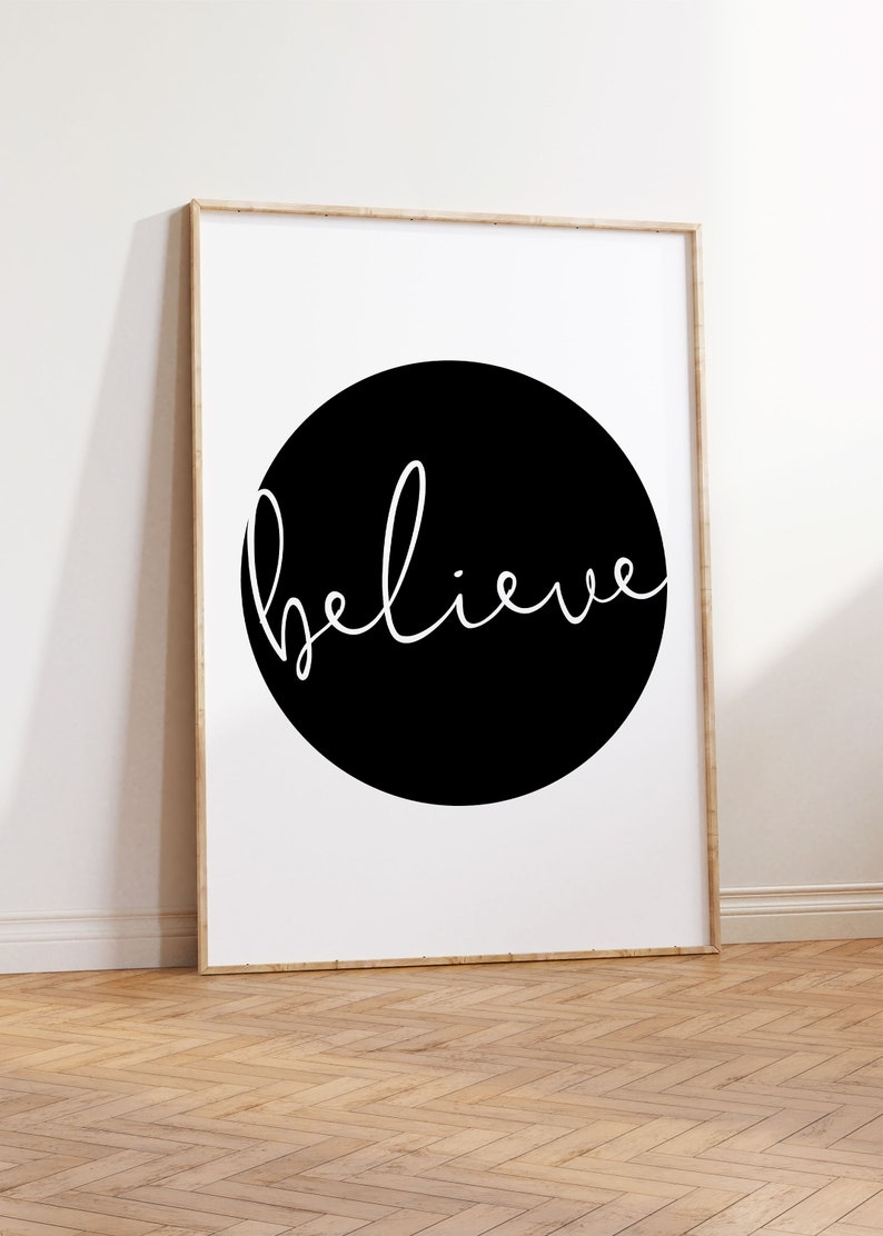 Believe Poster Print Yoga Wall Art One Word Signs Yoga Studio Decor Black and White Quote Print Script Print image 4