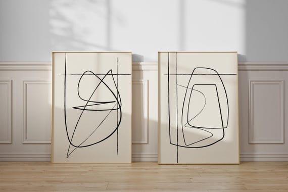 Matching Art Prints - Set of 2 Abstract Prints  - Beige Artwork - Minimal Drawing - Minimalist Line Art - Continuous Line Drawing Wall Art