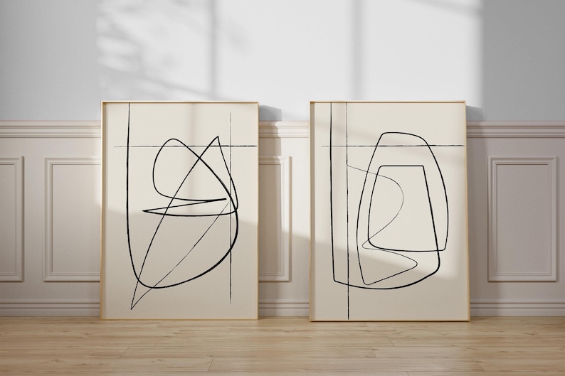 2er-Set Abstrakte Prints – Beiges Kunstwerk – Minimalistische Zeichnung – Minimalistische Linie Kunst – Kontinuierliche Linienzeichnung Bild 1