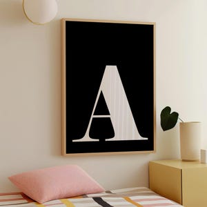 Póster de la letra A, decoración de dormitorio universitario, letras del alfabeto, arte en blanco y negro, decoración infantil escandinava, arte con letras para guardería, arte inicial para dormitorio
