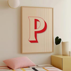 Póster de la letra P, decoración de habitación preppy, arte de pared con la inicial P, chica adolescente, decoración de apartamento bonito, decoración de dormitorio universitario, arte de pared retro, letra del alfabeto