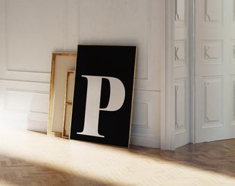 Letter P Black and White Initial Print: Modern Preppy Nursery Wall Art (Digital Download)