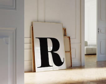Black Letter R Printable Wall Art: Digital Download Monogram, Modern Minimalist Decor