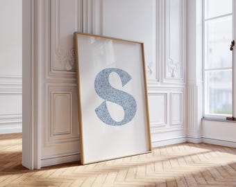 Floral Wall Art, Chinoiserie Wall Art, Grandmillenial Art, Letter S Poster, Blue Coquette, S Initial Print, College Dorm Decor, Aesthetic