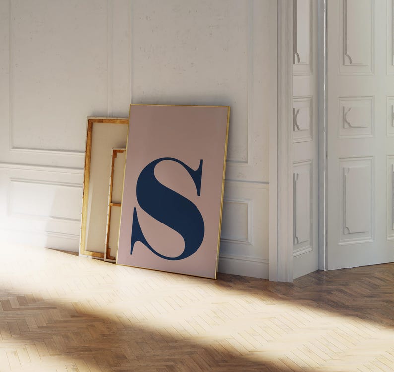 Póster con la letra S, letras imprimibles, póster con letra estilo preppy, linda decoración de pared, casa universitaria, decoración de pared para guardería con inicial, rosa y azul imagen 7