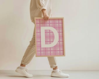 Letter D Print – Pink Plaid Gingham Monogram for Dorm, Teen, Nursery & Preppy Room