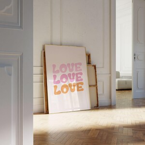 Art mural amour rétro tendance – Décoration de chambre rose orange inspirée des années 70