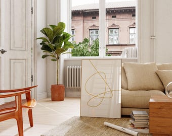 Art mural abstrait, art abstrait au trait, art lignes minimalistes, art lignes modernes, impression de lignes abstraites, art abstrait neutre, or et blanc
