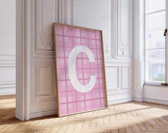Pink Gingham Letter C Monogram Print – Preppy Nursery Wall Art (Digital Download)