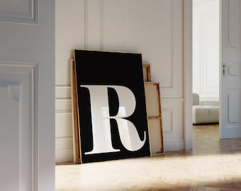 Letter R Print, Modern Initial Wall Art, Black and White (Digital Download)