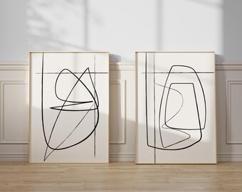 Continuous Line Art Print Set of 2, Abstract Line Drawing, Modern Minimalist Living Room Decor, Off White Gallery Wall Set