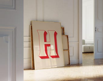 Letter H Print | Red Collegiate Initial Wall Art, Varsity Dorm Decor, Preppy Bedroom, Digital