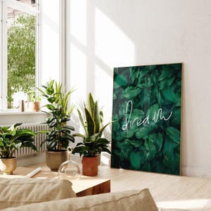 Droomwoordkunst - kunstwerk groene bladeren - yogaposter - jungledecor - poster dromer - botanische kunstwerken - donkergroene kunst - poster met één woord afbeelding 4