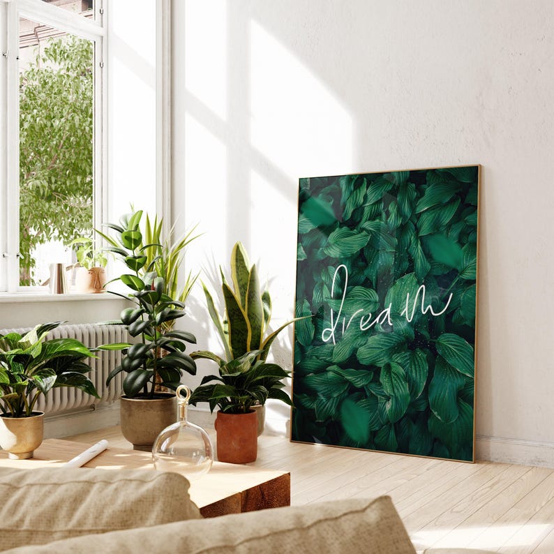 Droomwoordkunst - kunstwerk groene bladeren - yogaposter - jungledecor - poster dromer - botanische kunstwerken - donkergroene kunst - poster met één woord afbeelding 4