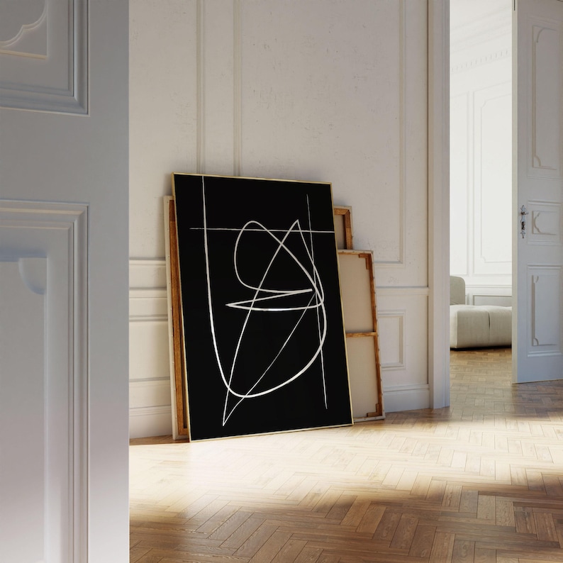Abstract Minimal Line Drawing, Continuous Line Print, Black Monochrome Wall Art image 1