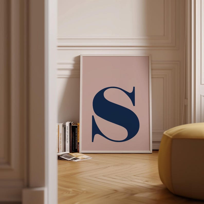 Póster con la letra S, letras imprimibles, póster con letra estilo preppy, linda decoración de pared, casa universitaria, decoración de pared para guardería con inicial, rosa y azul imagen 6