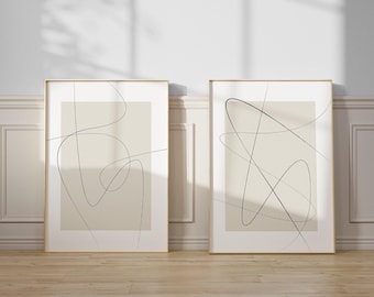 Láminas minimalistas de arte lineal: Juego de 2 dibujos abstractos beige (descarga digital)