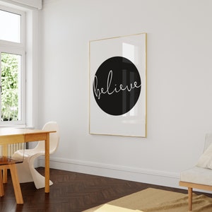 Believe Poster Print Yoga Wall Art One Word Signs Yoga Studio Decor Black and White Quote Print Script Print image 2