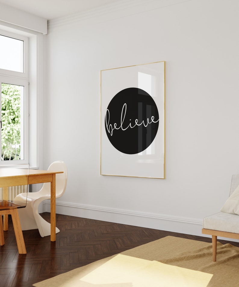 Believe Poster Print Yoga Wall Art One Word Signs Yoga Studio Decor Black and White Quote Print Script Print image 2