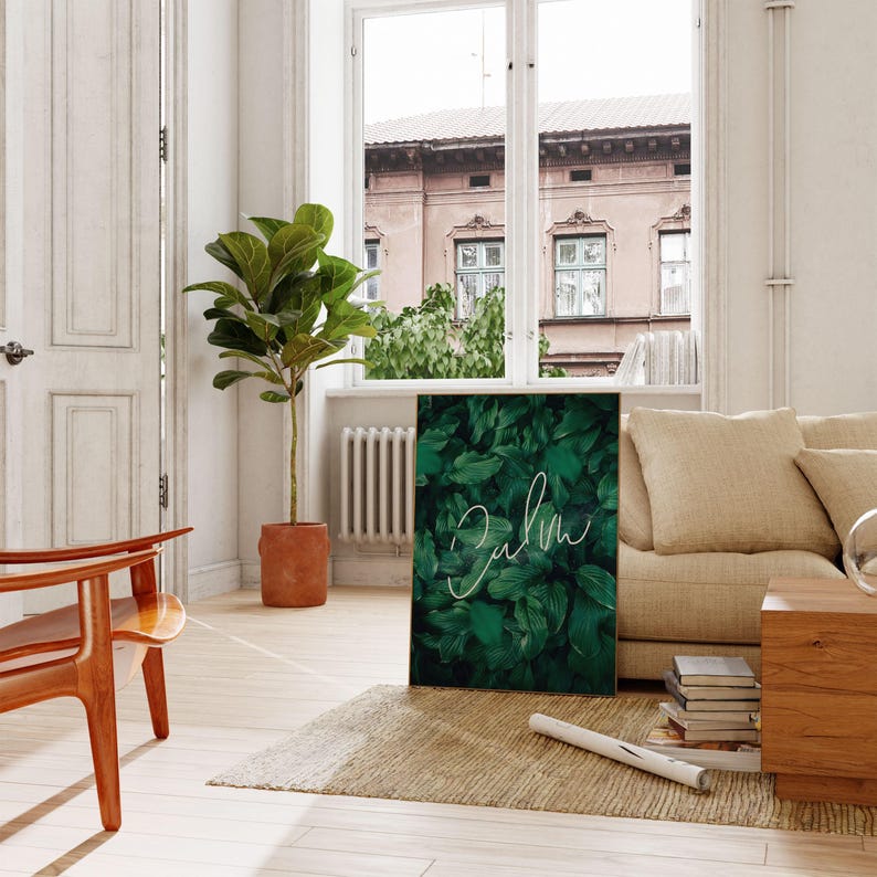 Calm Wall Art - Yoga Poster - Green Leaf Artwork - Positive Prints - One Word Poster - Dark Green Art - Jungle Wall Art - Botanical Artwork image 5