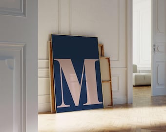 文字「M」プリント、ネイビーブルーとピンク、イニシャルポスター（デジタルダウンロード）