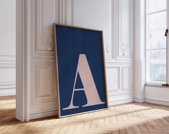 Letter A Print, Navy Pink Preppy Dorm Decor (Digital Download)